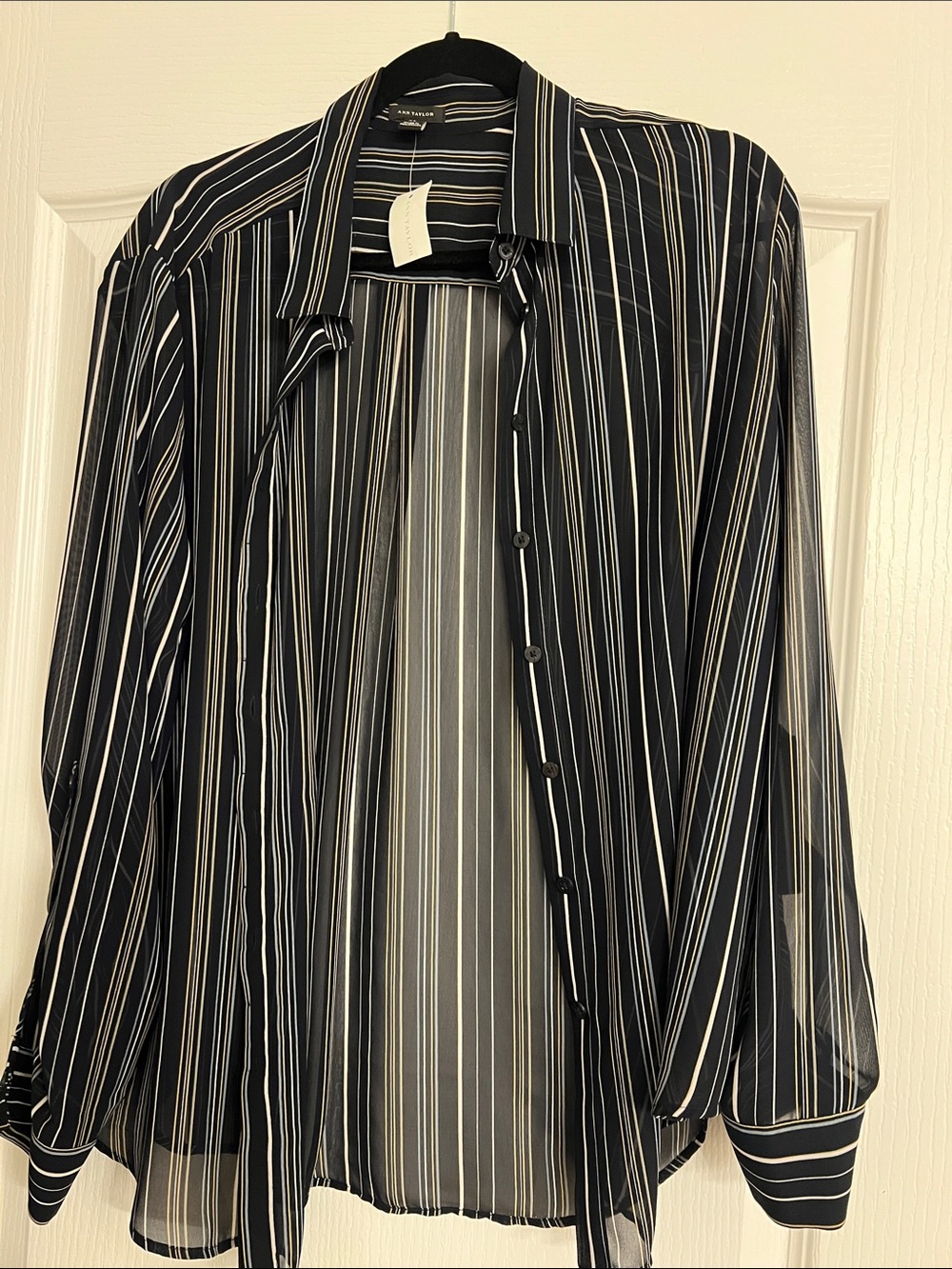 Ann Taylor Black Sheer Button-Up Blouse with White Stripes